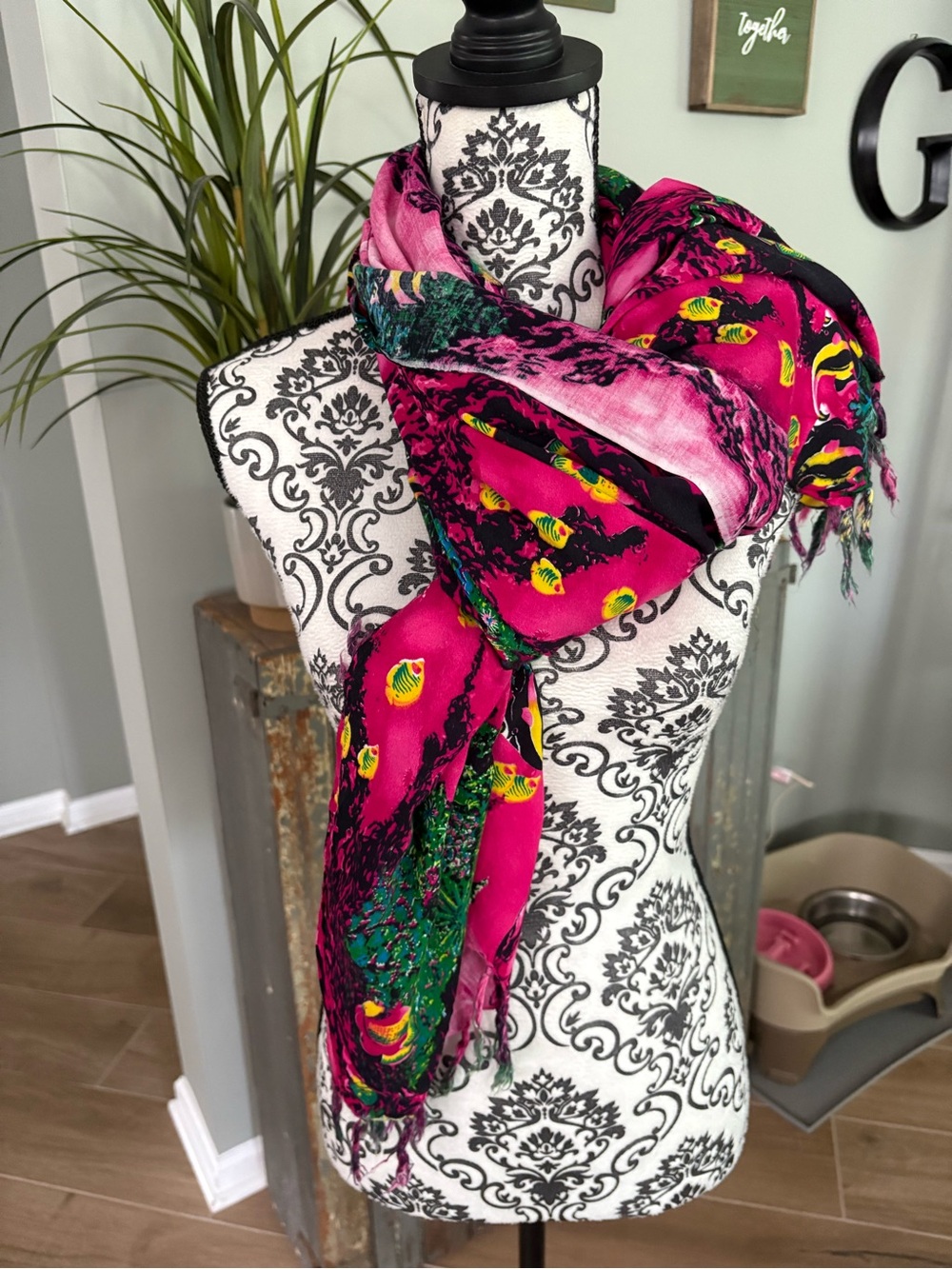 Vibrant Fuchsia Floral-Print Scarf - swim cover up
